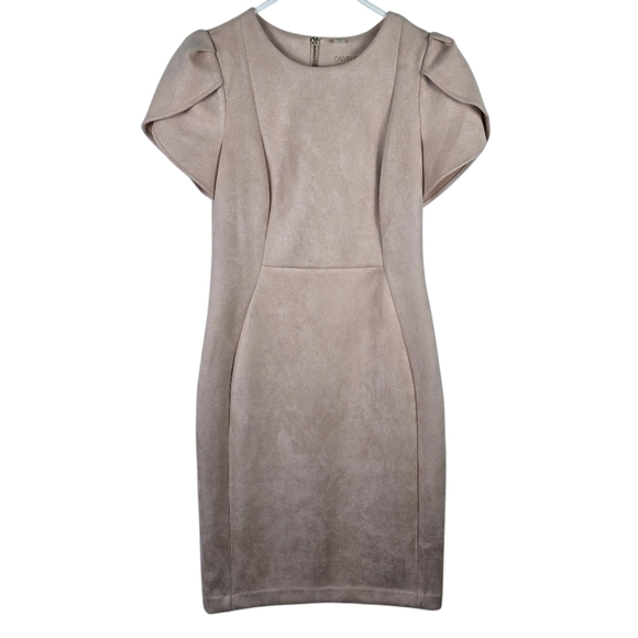 NWOT Calvin Klein Faux-Suede Tulip Sleeve Sheath Dress Light Pink Size 8 Bodycon - Picture 1 of 16